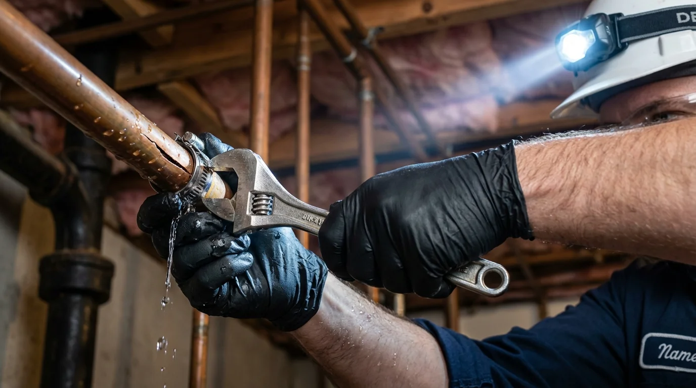 Emergency pipe clamp repair being performed by a Johns Plumbing LLC plumber in Zion