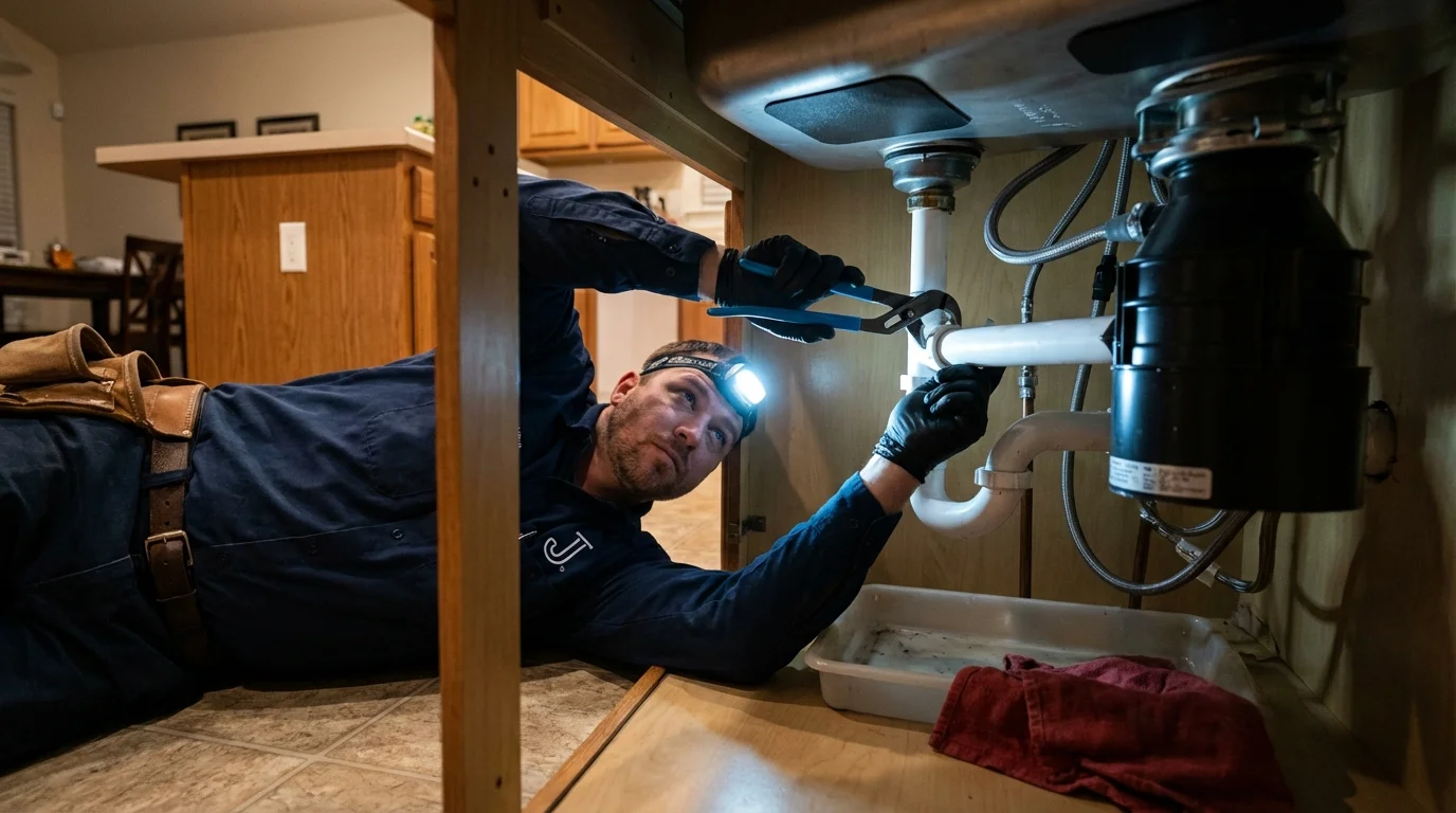 P-trap and supply line connections under a kitchen sink showing a common leak point in Zion, IL